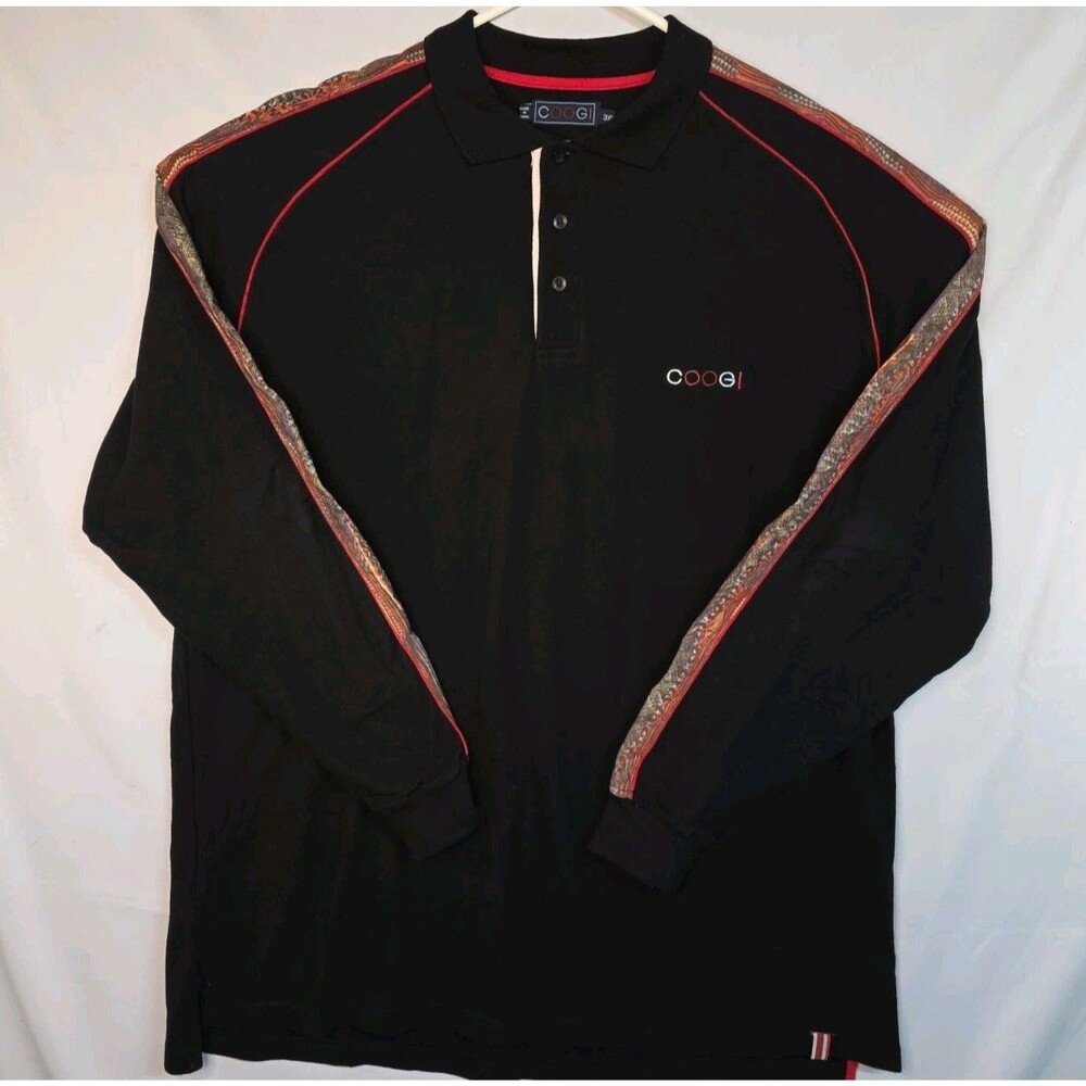 Coogi Polo Shirt Mens 3XL Black Long Sleeve Stripe Trim Cotton Streetwear